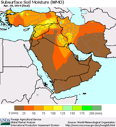 Middle East and Turkey Subsurface Soil Moisture (WMO) Thematic Map For 4/22/2019 - 4/28/2019