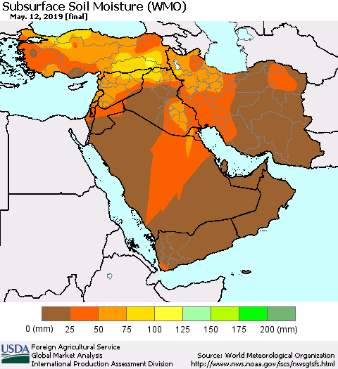 Middle East and Turkey Subsurface Soil Moisture (WMO) Thematic Map For 5/6/2019 - 5/12/2019