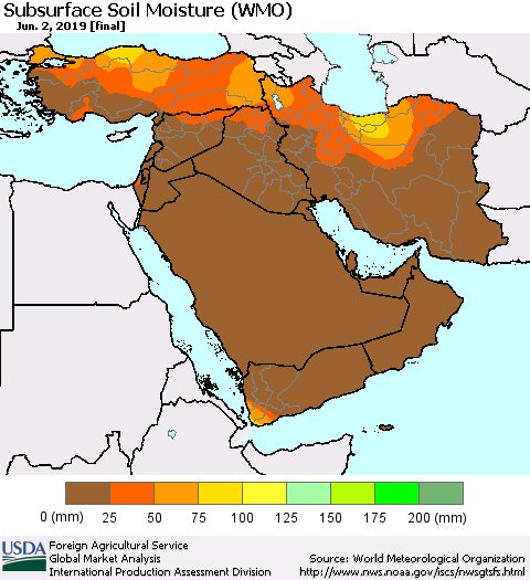 Middle East and Turkey Subsurface Soil Moisture (WMO) Thematic Map For 5/27/2019 - 6/2/2019