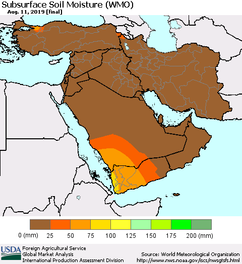Middle East and Turkey Subsurface Soil Moisture (WMO) Thematic Map For 8/5/2019 - 8/11/2019
