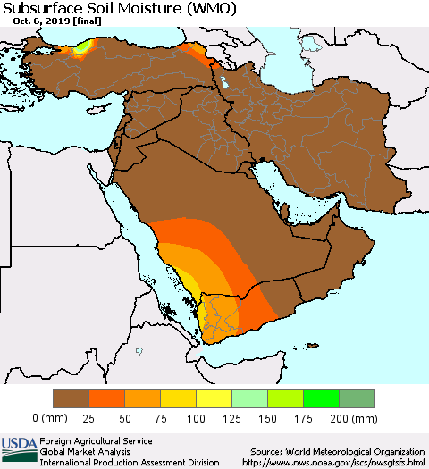 Middle East and Turkey Subsurface Soil Moisture (WMO) Thematic Map For 9/30/2019 - 10/6/2019