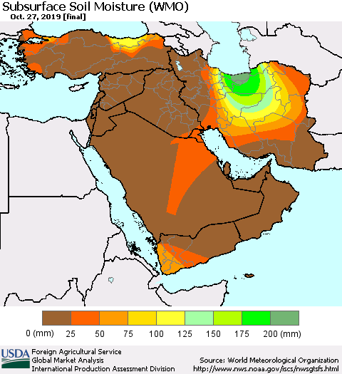 Middle East and Turkey Subsurface Soil Moisture (WMO) Thematic Map For 10/21/2019 - 10/27/2019