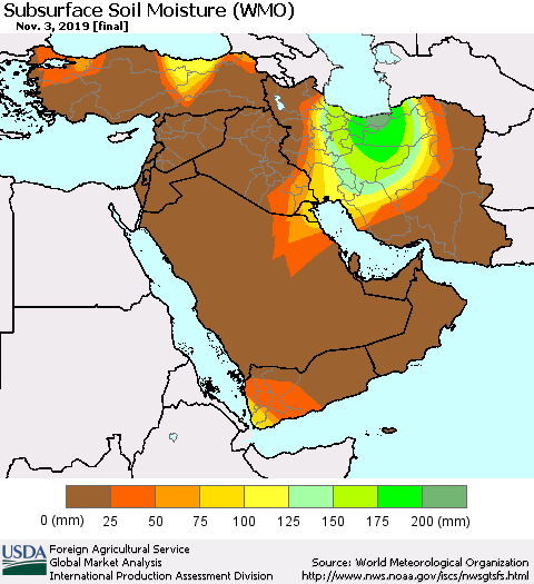 Middle East and Turkey Subsurface Soil Moisture (WMO) Thematic Map For 10/28/2019 - 11/3/2019
