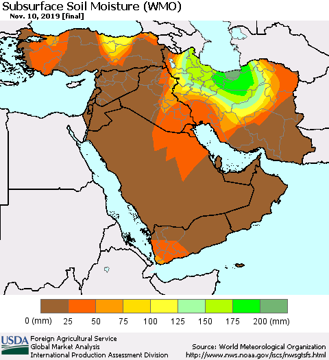 Middle East and Turkey Subsurface Soil Moisture (WMO) Thematic Map For 11/4/2019 - 11/10/2019