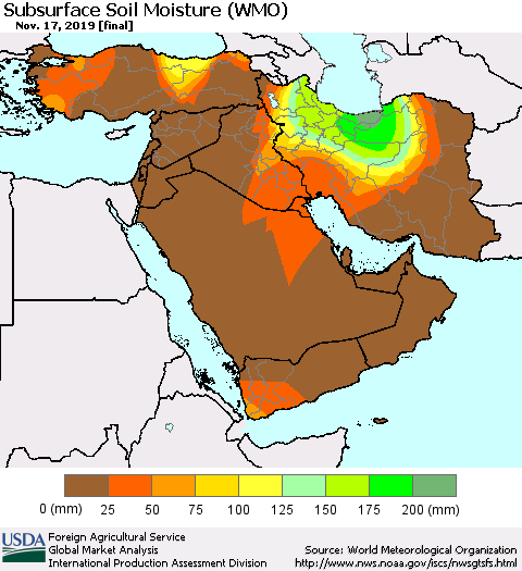 Middle East and Turkey Subsurface Soil Moisture (WMO) Thematic Map For 11/11/2019 - 11/17/2019