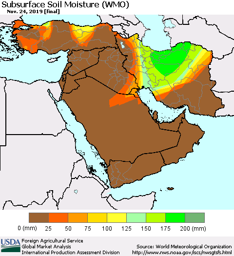 Middle East and Turkey Subsurface Soil Moisture (WMO) Thematic Map For 11/18/2019 - 11/24/2019