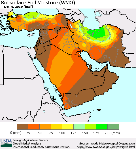 Middle East and Turkey Subsurface Soil Moisture (WMO) Thematic Map For 12/2/2019 - 12/8/2019