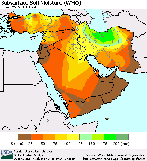 Middle East and Turkey Subsurface Soil Moisture (WMO) Thematic Map For 12/16/2019 - 12/22/2019
