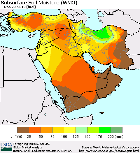 Middle East and Turkey Subsurface Soil Moisture (WMO) Thematic Map For 12/23/2019 - 12/29/2019