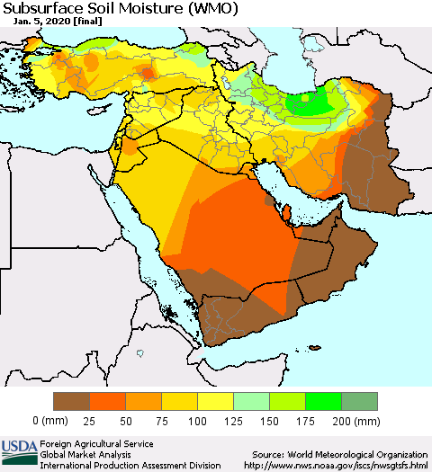 Middle East and Turkey Subsurface Soil Moisture (WMO) Thematic Map For 12/30/2019 - 1/5/2020