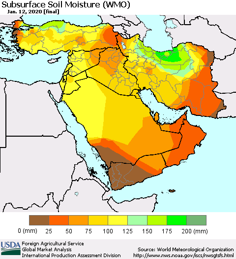 Middle East and Turkey Subsurface Soil Moisture (WMO) Thematic Map For 1/6/2020 - 1/12/2020