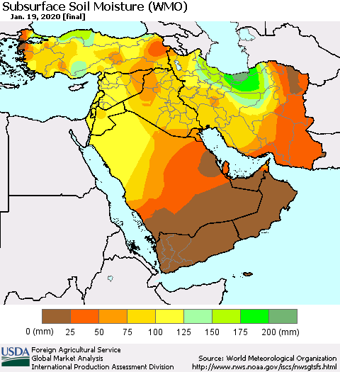 Middle East and Turkey Subsurface Soil Moisture (WMO) Thematic Map For 1/13/2020 - 1/19/2020