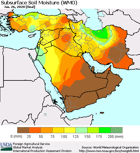 Middle East and Turkey Subsurface Soil Moisture (WMO) Thematic Map For 1/20/2020 - 1/26/2020