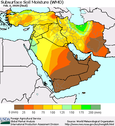 Middle East and Turkey Subsurface Soil Moisture (WMO) Thematic Map For 1/27/2020 - 2/2/2020