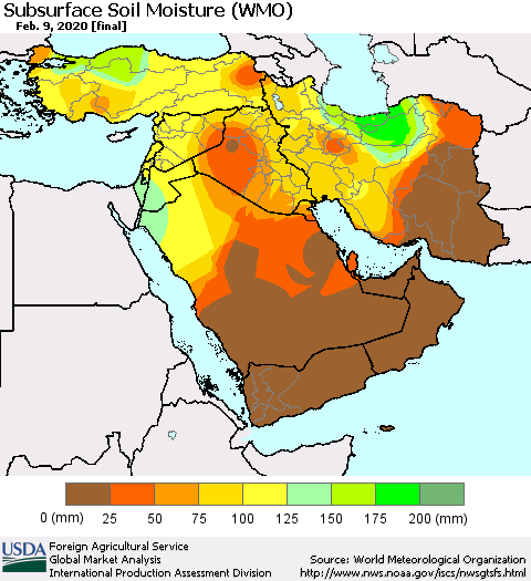 Middle East and Turkey Subsurface Soil Moisture (WMO) Thematic Map For 2/3/2020 - 2/9/2020