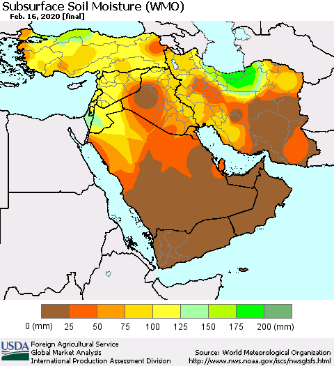 Middle East and Turkey Subsurface Soil Moisture (WMO) Thematic Map For 2/10/2020 - 2/16/2020