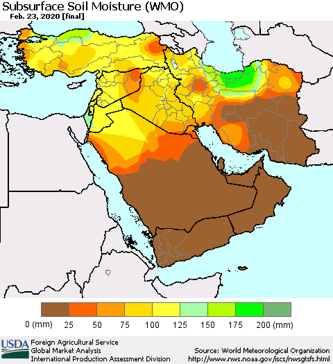 Middle East and Turkey Subsurface Soil Moisture (WMO) Thematic Map For 2/17/2020 - 2/23/2020
