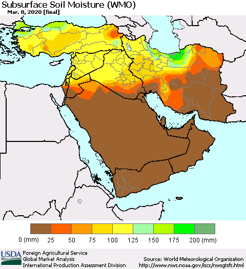 Middle East and Turkey Subsurface Soil Moisture (WMO) Thematic Map For 3/2/2020 - 3/8/2020