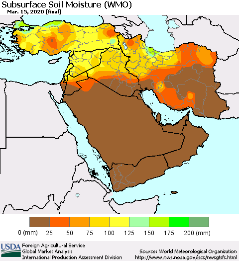 Middle East and Turkey Subsurface Soil Moisture (WMO) Thematic Map For 3/9/2020 - 3/15/2020