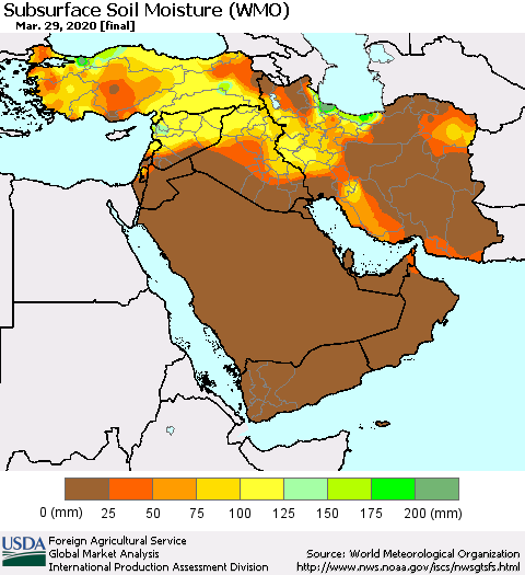 Middle East and Turkey Subsurface Soil Moisture (WMO) Thematic Map For 3/23/2020 - 3/29/2020