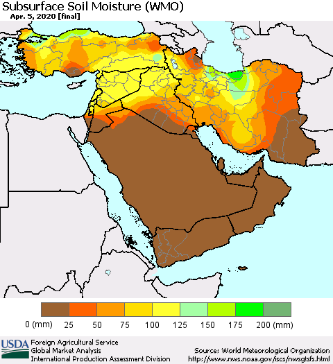 Middle East and Turkey Subsurface Soil Moisture (WMO) Thematic Map For 3/30/2020 - 4/5/2020