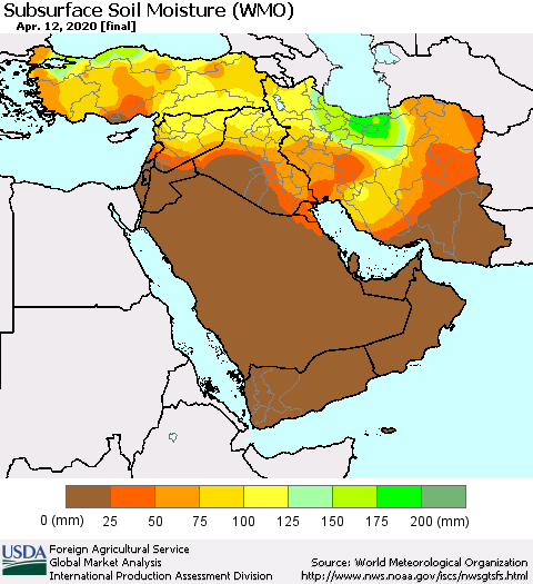 Middle East and Turkey Subsurface Soil Moisture (WMO) Thematic Map For 4/6/2020 - 4/12/2020
