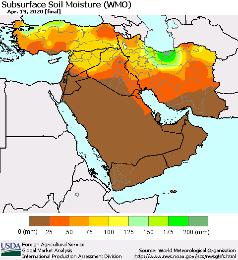 Middle East and Turkey Subsurface Soil Moisture (WMO) Thematic Map For 4/13/2020 - 4/19/2020