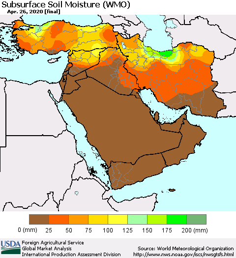 Middle East and Turkey Subsurface Soil Moisture (WMO) Thematic Map For 4/20/2020 - 4/26/2020