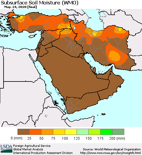 Middle East and Turkey Subsurface Soil Moisture (WMO) Thematic Map For 5/18/2020 - 5/24/2020