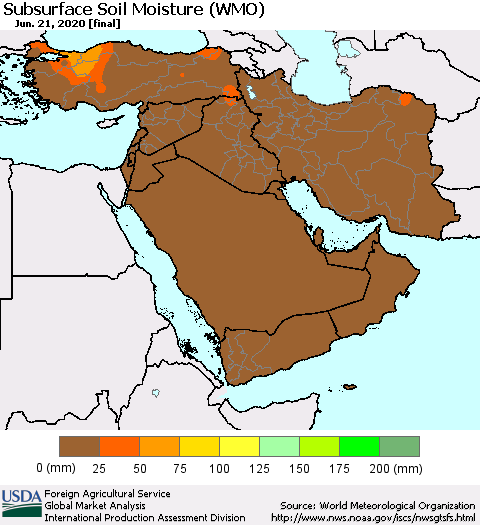 Middle East and Turkey Subsurface Soil Moisture (WMO) Thematic Map For 6/15/2020 - 6/21/2020