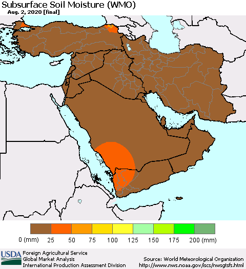 Middle East and Turkey Subsurface Soil Moisture (WMO) Thematic Map For 7/27/2020 - 8/2/2020