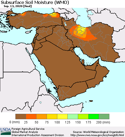 Middle East and Turkey Subsurface Soil Moisture (WMO) Thematic Map For 9/7/2020 - 9/13/2020