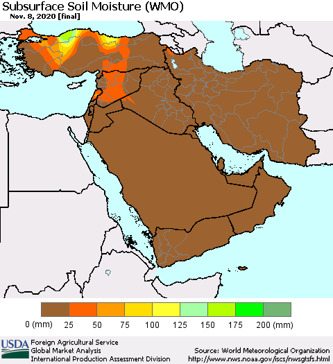 Middle East and Turkey Subsurface Soil Moisture (WMO) Thematic Map For 11/2/2020 - 11/8/2020