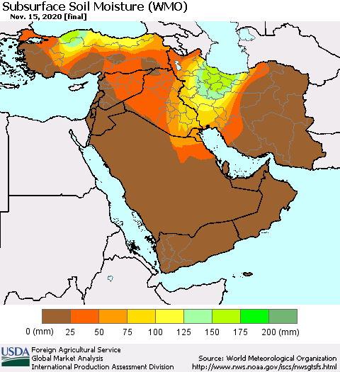 Middle East and Turkey Subsurface Soil Moisture (WMO) Thematic Map For 11/9/2020 - 11/15/2020