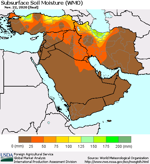 Middle East and Turkey Subsurface Soil Moisture (WMO) Thematic Map For 11/16/2020 - 11/22/2020