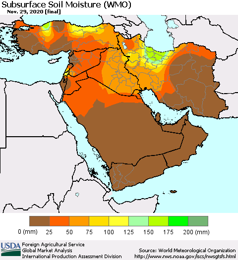 Middle East and Turkey Subsurface Soil Moisture (WMO) Thematic Map For 11/23/2020 - 11/29/2020
