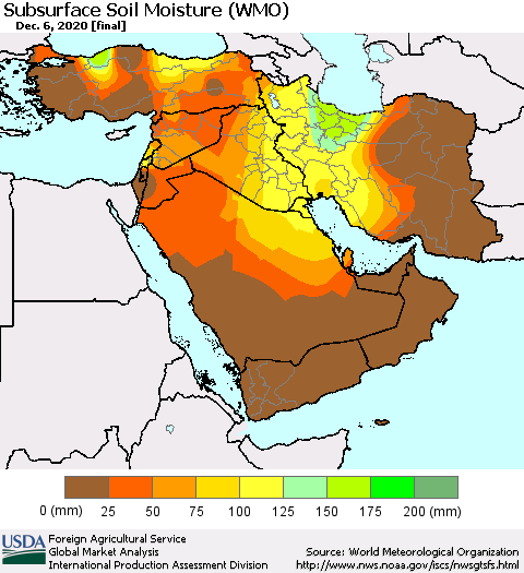 Middle East and Turkey Subsurface Soil Moisture (WMO) Thematic Map For 11/30/2020 - 12/6/2020
