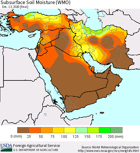 Middle East and Turkey Subsurface Soil Moisture (WMO) Thematic Map For 12/7/2020 - 12/13/2020