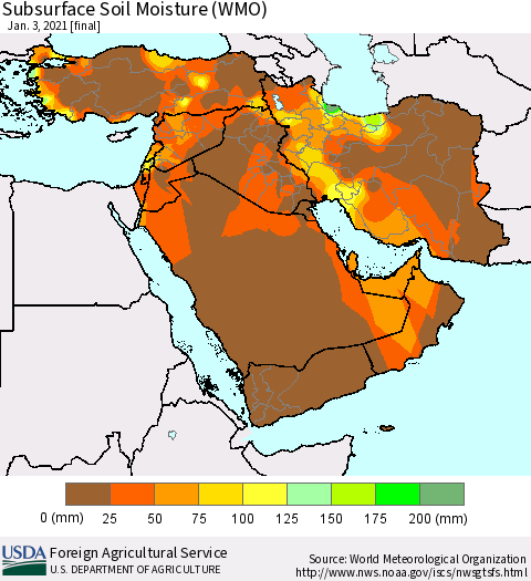 Middle East and Turkey Subsurface Soil Moisture (WMO) Thematic Map For 12/28/2020 - 1/3/2021
