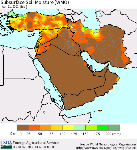 Middle East and Turkey Subsurface Soil Moisture (WMO) Thematic Map For 4/5/2021 - 4/11/2021