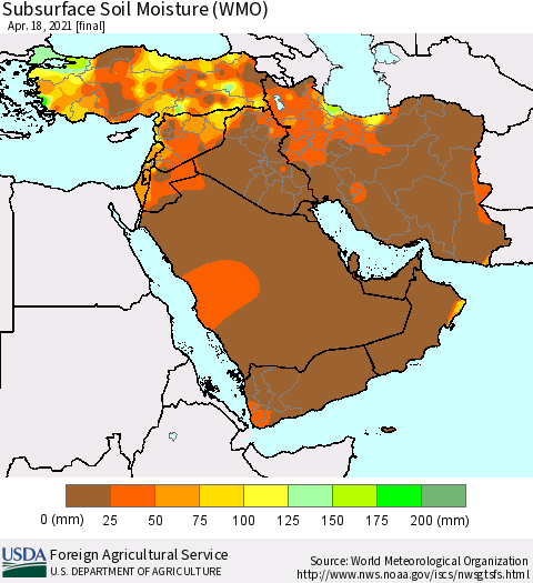 Middle East and Turkey Subsurface Soil Moisture (WMO) Thematic Map For 4/12/2021 - 4/18/2021