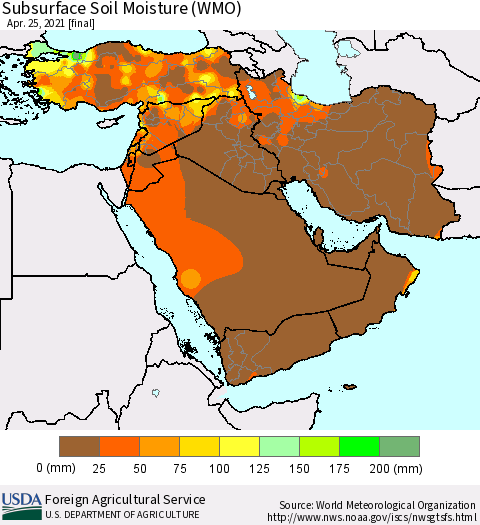 Middle East and Turkey Subsurface Soil Moisture (WMO) Thematic Map For 4/19/2021 - 4/25/2021