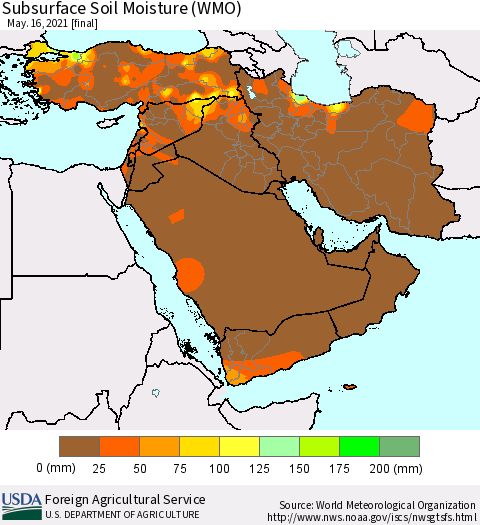 Middle East and Turkey Subsurface Soil Moisture (WMO) Thematic Map For 5/10/2021 - 5/16/2021