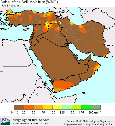 Middle East and Turkey Subsurface Soil Moisture (WMO) Thematic Map For 6/7/2021 - 6/13/2021