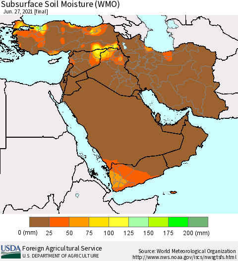 Middle East and Turkey Subsurface Soil Moisture (WMO) Thematic Map For 6/21/2021 - 6/27/2021