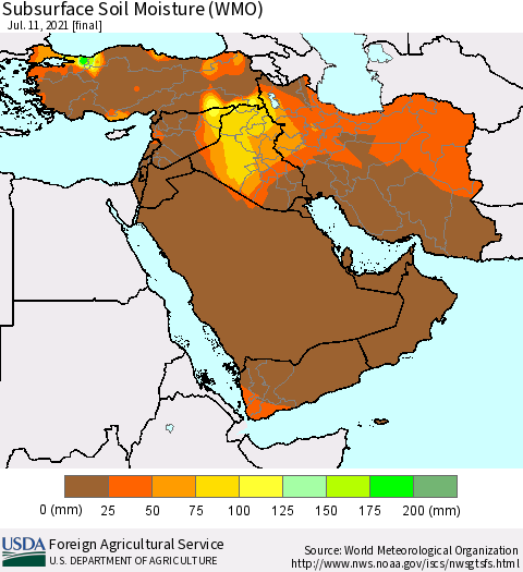 Middle East and Turkey Subsurface Soil Moisture (WMO) Thematic Map For 7/5/2021 - 7/11/2021