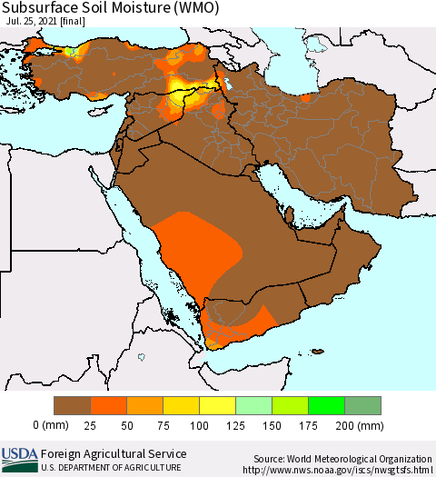 Middle East and Turkey Subsurface Soil Moisture (WMO) Thematic Map For 7/19/2021 - 7/25/2021