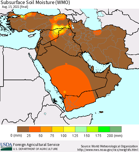 Middle East and Turkey Subsurface Soil Moisture (WMO) Thematic Map For 8/9/2021 - 8/15/2021