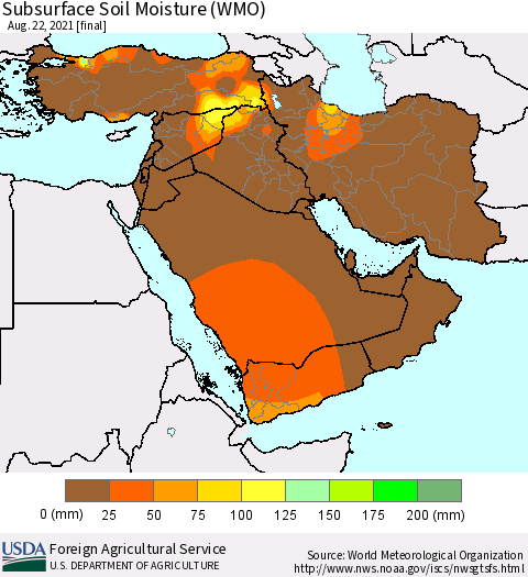 Middle East and Turkey Subsurface Soil Moisture (WMO) Thematic Map For 8/16/2021 - 8/22/2021