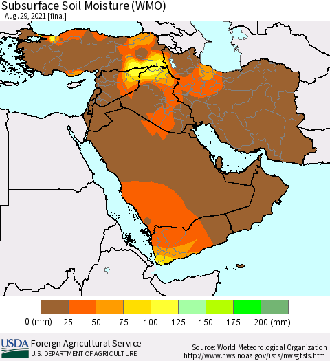 Middle East and Turkey Subsurface Soil Moisture (WMO) Thematic Map For 8/23/2021 - 8/29/2021
